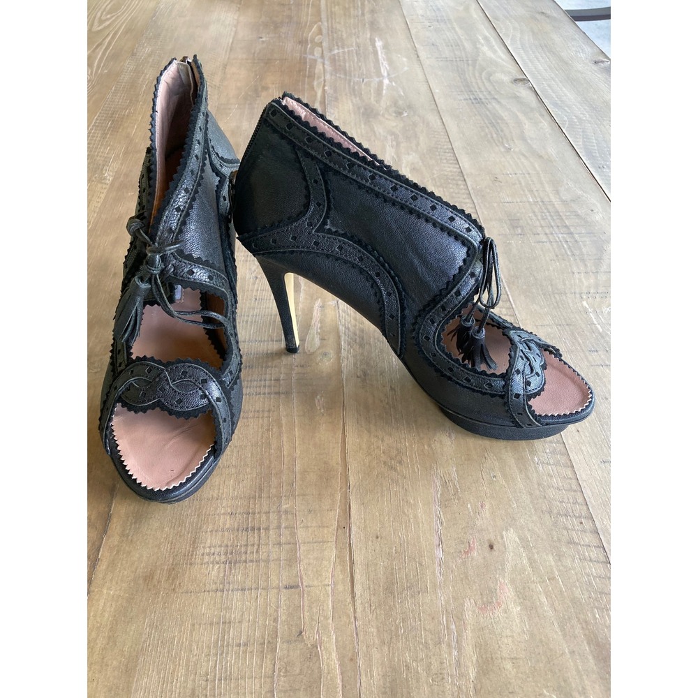 Suecomma Bonnie Black Leather Brogue Platform Peep Toe Tassel Heels 39.5